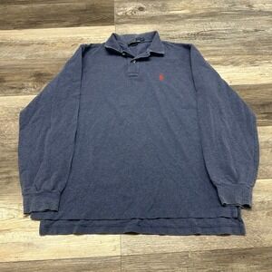 Vintage 90s Y2K Polo Ralph Lauren Blue Mens‎ L Cotton Red Pony Long Sleeve Polo